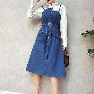 Set: Plain Shirt + Spaghetti Strap A-line Denim Dress