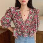 Puff-sleeve V-neck Floral Blouse As Shown In Figure - One Size