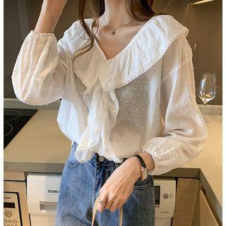 V-neck Dotted Ruffled Blouse