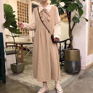 Long-sleeve Shirt / Double-breasted Midi Pinafore Dress
