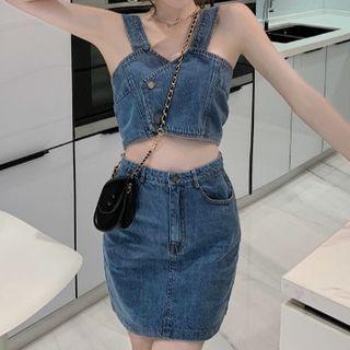 Set: Sleeveless Denim Crop Top + Mini Pencil Skirt