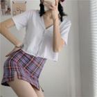 Short-sleeve Buttoned T-shirt / Plaid A-line Skirt