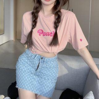 Short-sleeve Lettering T-shirt / Distressed Denim Mini Pencil Skirt