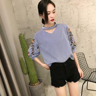 Embroidered Halter Elbow-sleeve Top