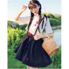 Elbow-sleeve Embroidered Top / Jumper A-line Mini Skirt