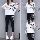 Set: Star Print Short Sleeve T-shirt + Lettering Cropped Pants