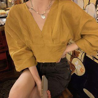 V-neck Plain Blouse Curcumin - One Size
