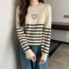 Round-neck Striped Heart Embroidered Knit Top
