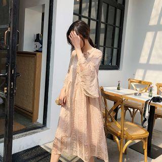 Set: Plain Slipdress + Embroidered 3/4-sleeve Midi Dress