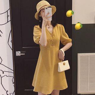 Elbow-sleeve Buttoned Plaid A-line Dress