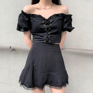 Puff-sleeve Lace-up Top / Mini Skirt