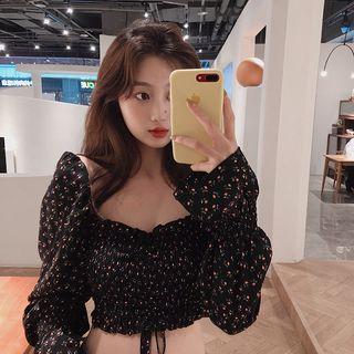 Cropped Floral Chiffon Blouse As Shown In Figure - One Size