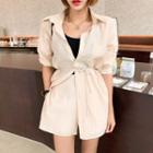 Set: Long Boxy Blouse + Band-waist Shorts + Sash