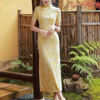 Short-sleeve Floral Jacquard Midi Qipao