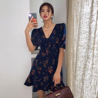 Plunge-neck Ruffle-hem Mini Floral Dress