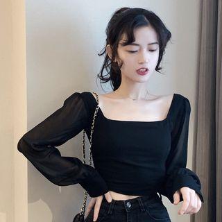 Long-sleeve Chiffon Paneled Cropped T-shirt Black - One Size