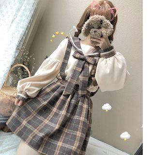 Plaid Suspender Pants / Suspender Skirt / Bow Accent Blouse