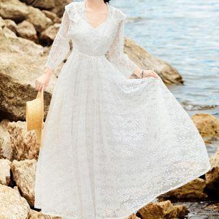 Set : Embroidered Hooded Jacket + V-neck Spaghetti-strap Dress