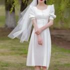 Short-sleeve Midi A-line Dress / Wedding Veil / Set