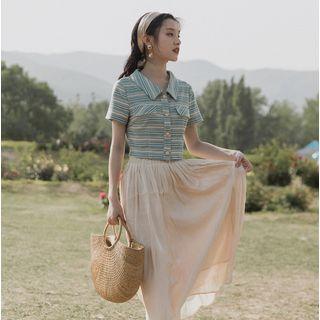 Set: Striped Short-sleeve Shirt + Midi Skirt