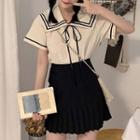Sailor Collar Tie-neck Short-sleeve Blouse / Mini A-line Pleated Skirt / Set