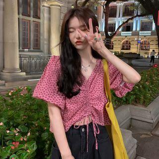 Puff-sleeve V-neck Print Drawstring Top
