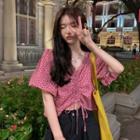 Puff-sleeve V-neck Print Drawstring Top