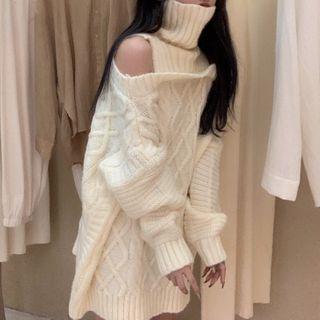 Turtleneck Cold-shoulder Sweater Dress Almond - One Size
