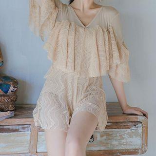 Lace Ruffle Flared-sleeve Swimdress