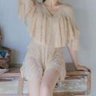 Lace Ruffle Flared-sleeve Swimdress