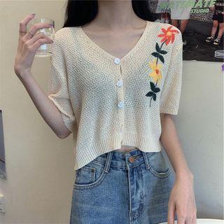 Short-sleeve Floral Embroidered Open Knit Cardigan