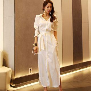 Long-sleeve Tie-waist Midi Shirtdress