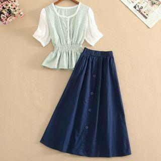 Set: Short-sleeve Gingham Blouse + Midi Skirt