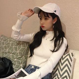 Mock-turtleneck Shirred Plain Slim Knit Sweater