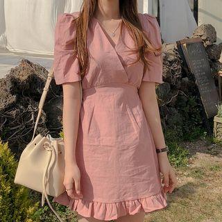 V-neck Short-sleeve Ruffle Trim A-line Dress