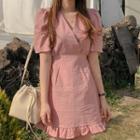 V-neck Short-sleeve Ruffle Trim A-line Dress