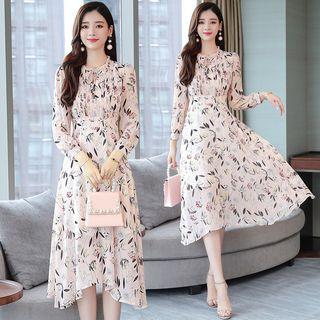 Long-sleeve Shirred Floral Print Midi Chiffon Dress