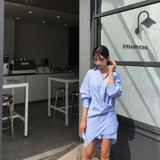Wrap-front Striped Shirtdress