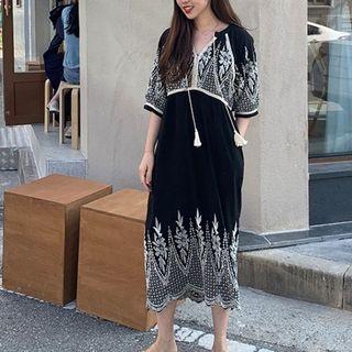 Elbow-sleeve Embroidered Midi Dress As Shown In Figure - One Size