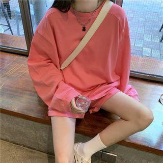 Set Of 2 : Long-sleeve Plain Sweatshirt + Sweat Shorts
