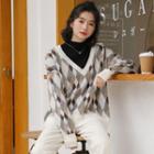 Diamond Pattern V-neck Sweater Gray & Coffee & Dirty White - One Size