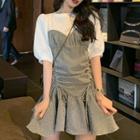 Short-sleeve Two-tone Plaid A-line Dress