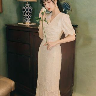 Short-sleeve Midi Mermaid Chiffon Dress