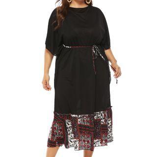 Short-sleeve Pattern Panel Midi A-line Dress