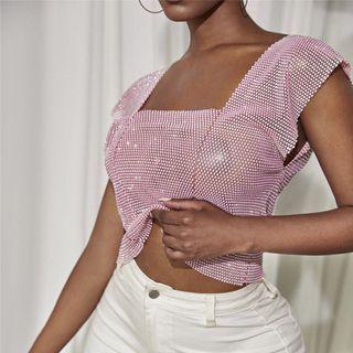 Cap-sleeve V-neck Mesh Top