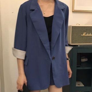 Set: Plaid Panel 3/4-sleeve Blazer + High-waist Shorts