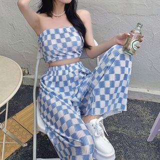 Plaid Tube Top / Wide-leg Pants
