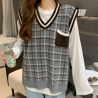 Plaid Knit Vest Dark Gray - One Size