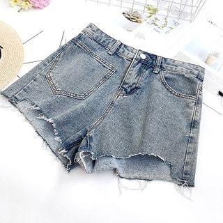 Plain High-waist Asymmetric Frayed Denim Shorts