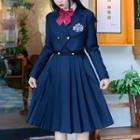 Double-breasted Logo Embroidered Blazer / Pleated Midi A-line Pinafore Dress
